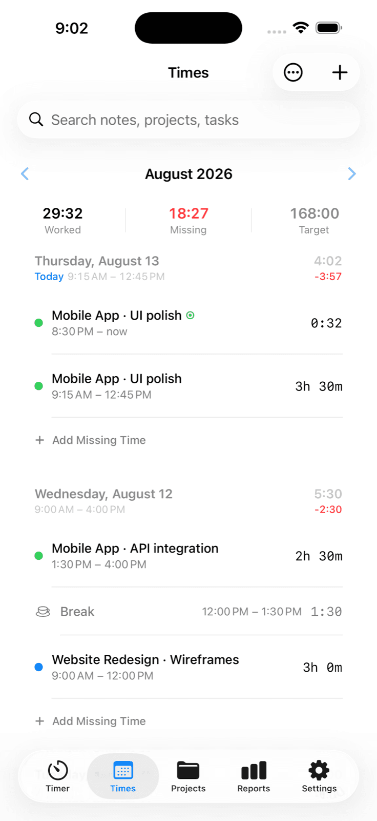 Time entries on iPhone